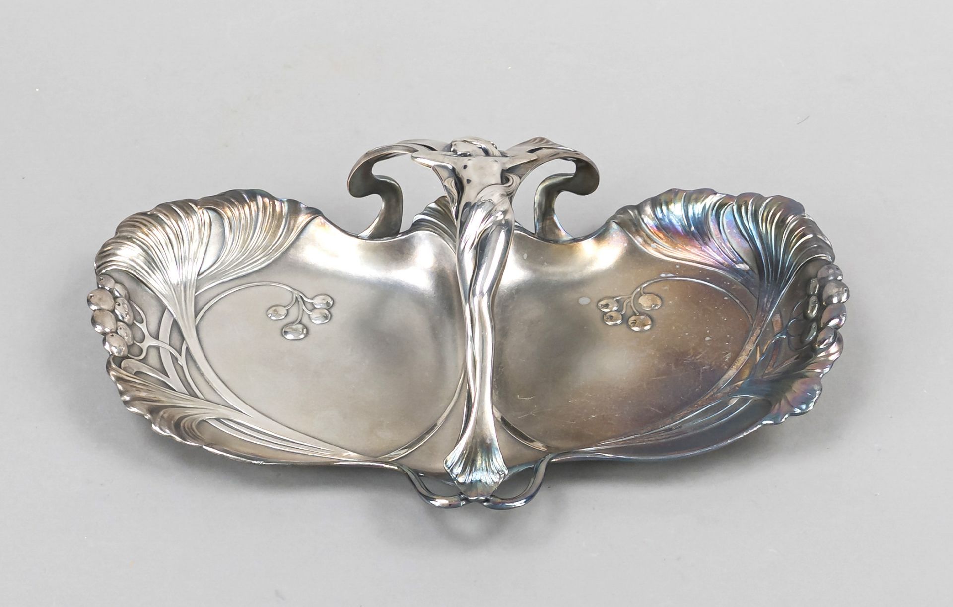 Art Nouveau cabaret, German, c. 1900, maker's mark WMF, Geislingen, ostrich mark, plated, curved