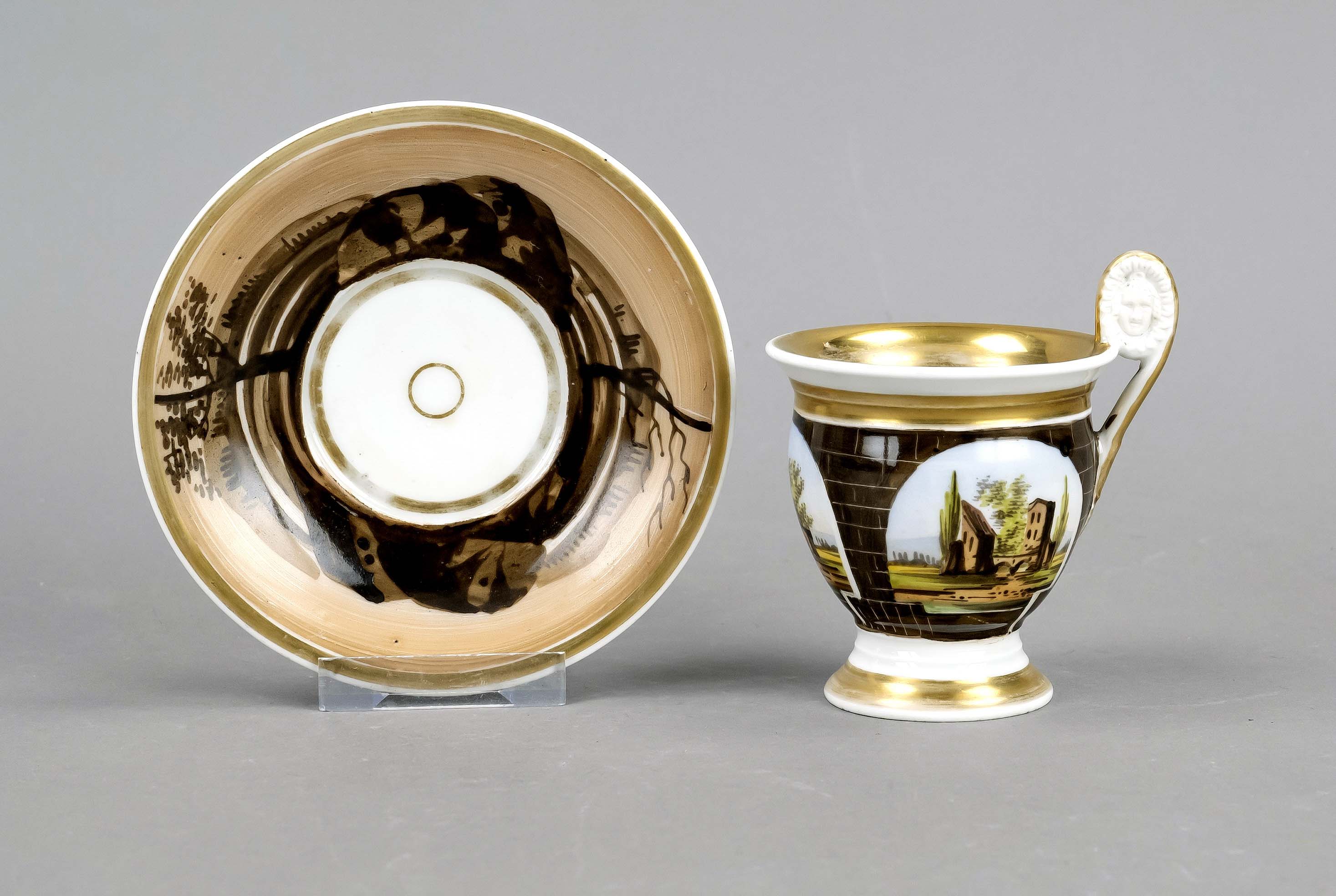 Coffee cup with saucer, w. Thuringia, 19th century, bell-shaped with raised mascaron handle,