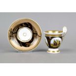 Coffee cup with saucer, w. Thuringia, 19th century, bell-shaped with raised mascaron handle,