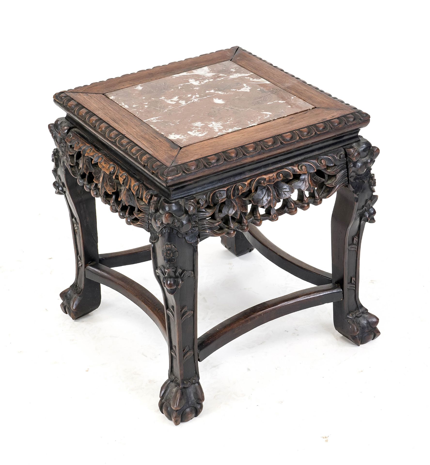 Small table, Asia, early 20th century, dark hardwood with stone inlay. Open-worked and