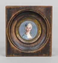 Round miniature, French 19th century, polychrome tempera painting on bone panel. A young woman