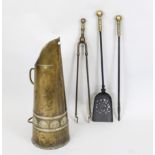 Fireplace cutlery and coal chute, early 20th century, iron and brass. Cutlery (assembled) consisting