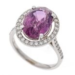 Pink sapphire-brilliant ring WG 750/000 with an oval faceted sapphire 5.16 ct in a slightly gray-