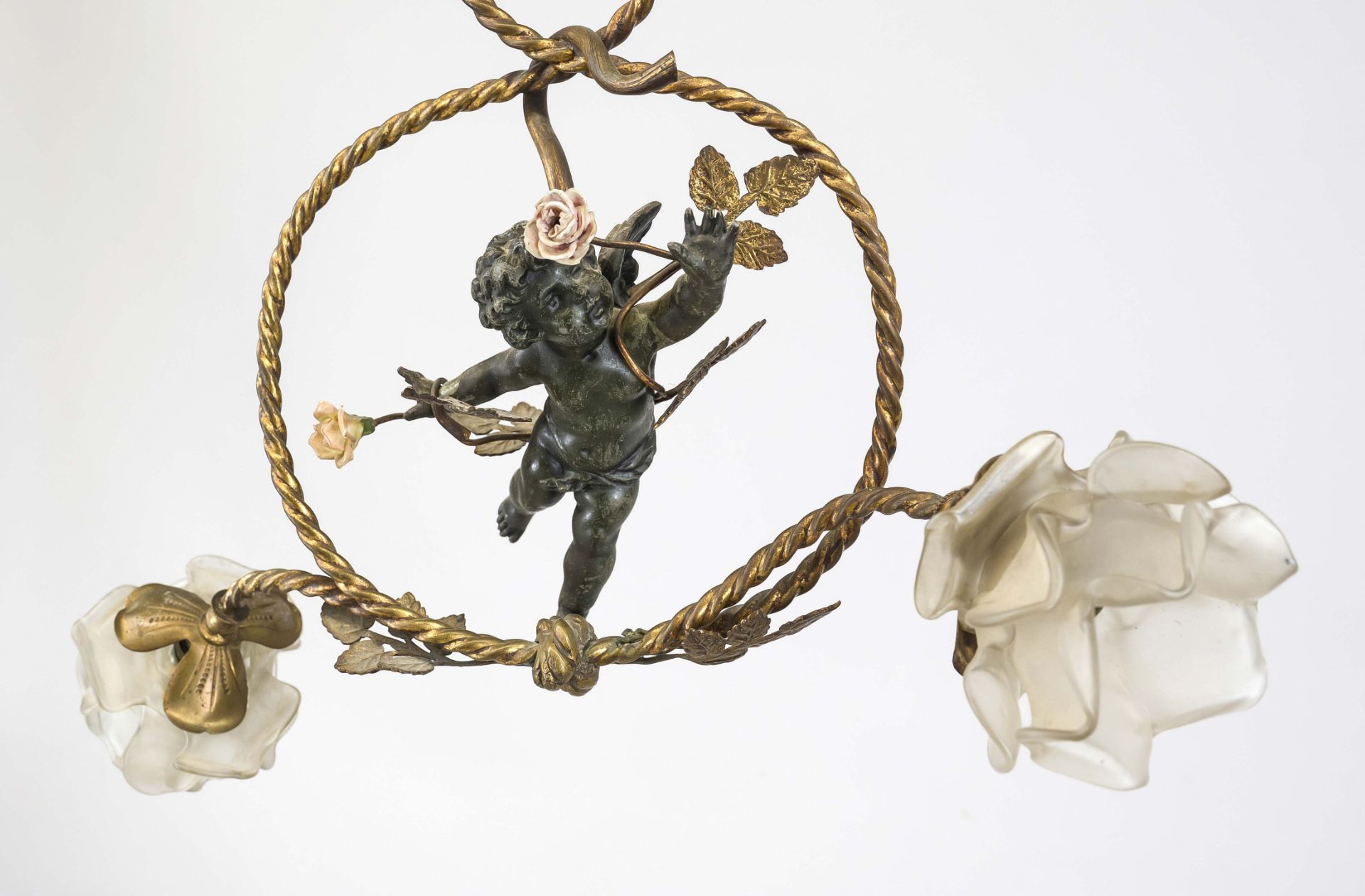 Ceiling lamp, late 19th century, floating putto surrounded by shrubs and leaves, 2 shades in the - Image 2 of 2