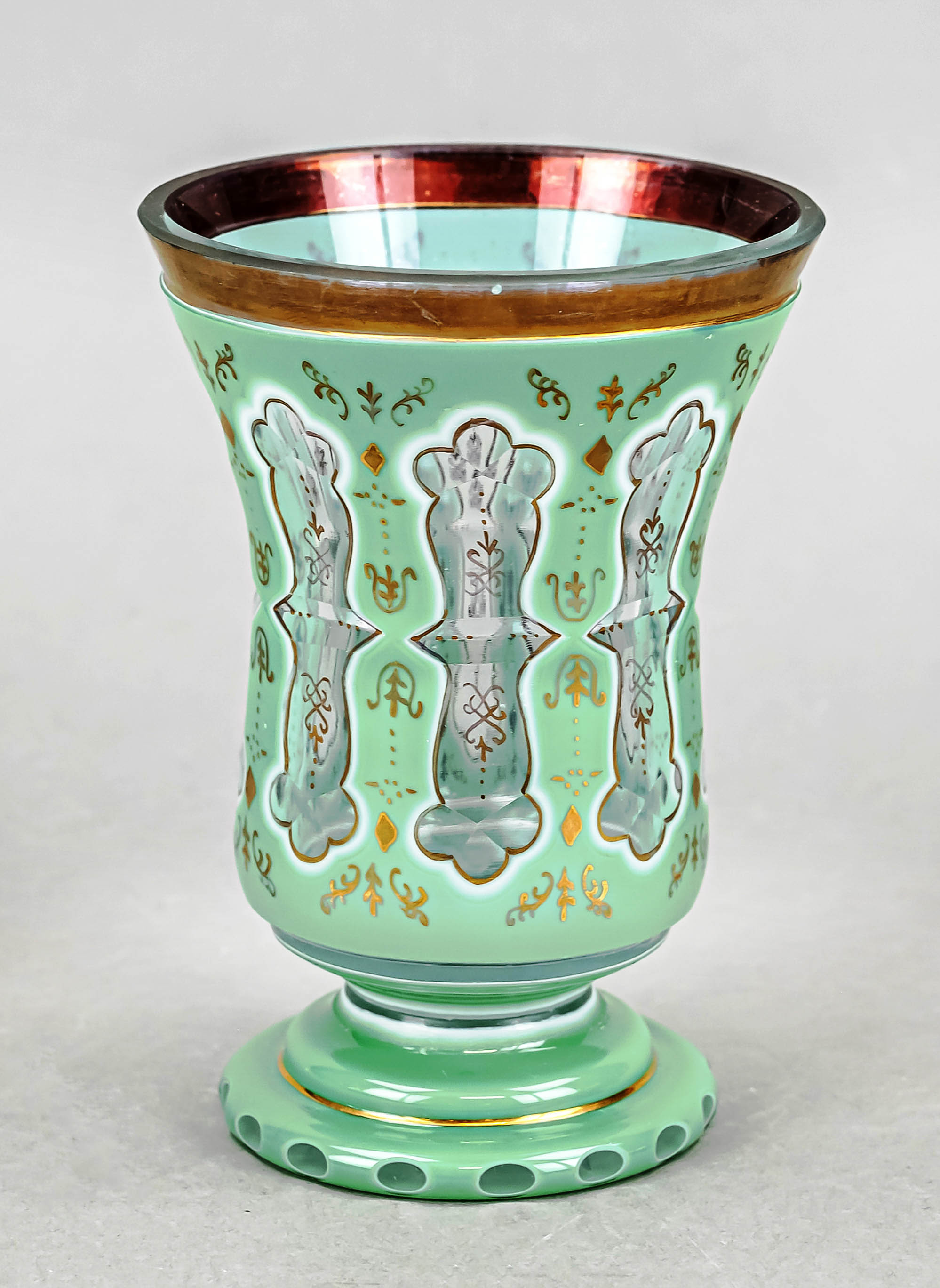 Footed glass, c. 1900, round base, short stem, bell-shaped bowl, clear glass, partly green and white