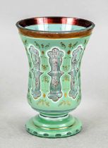 Footed glass, c. 1900, round base, short stem, bell-shaped bowl, clear glass, partly green and white