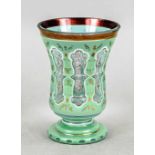 Footed glass, c. 1900, round base, short stem, bell-shaped bowl, clear glass, partly green and white