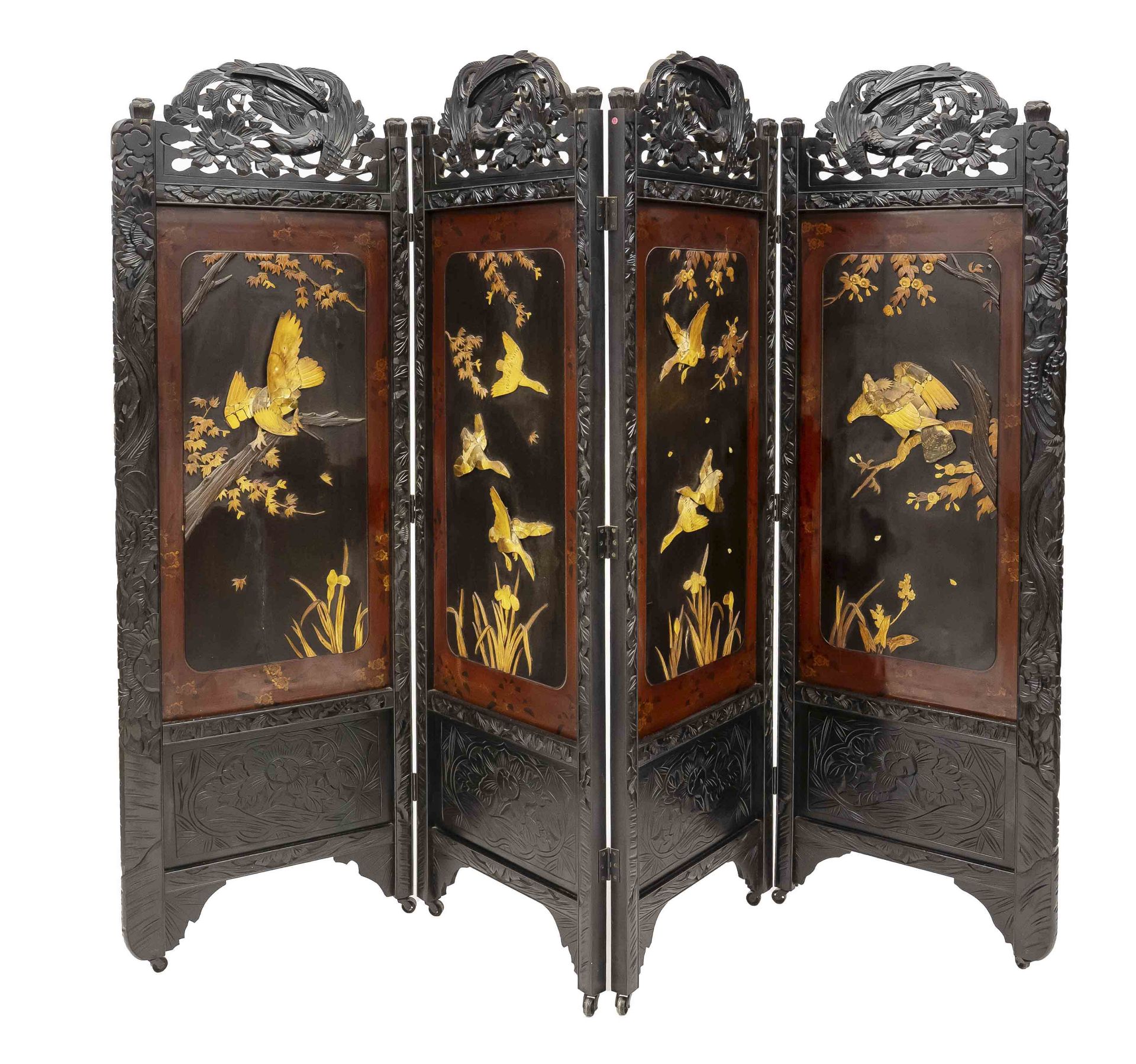 4-part PARAVENT screen, China, carved hardwood with bird motifs, imperceptible lesions, h 180cm