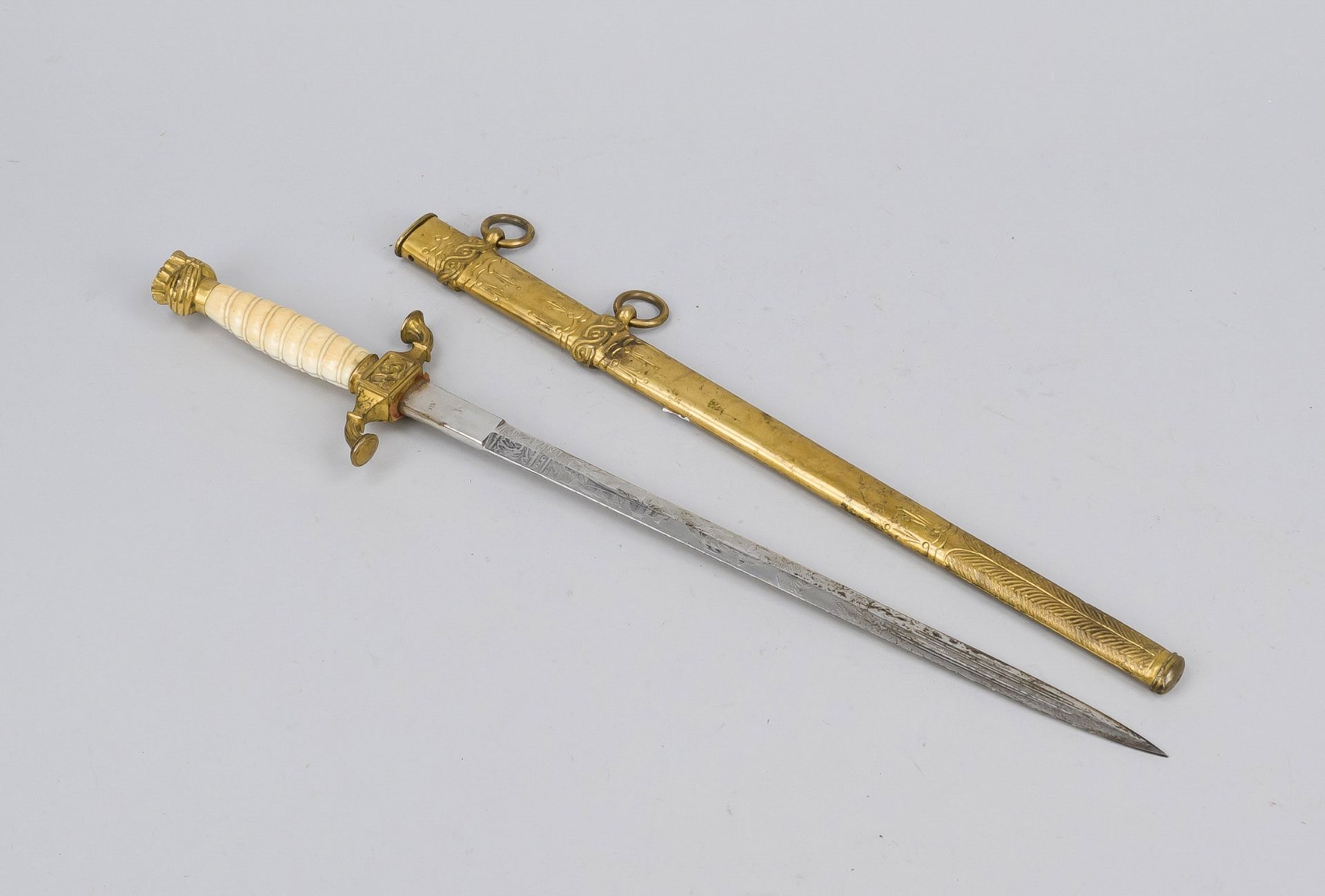 Dagger for officers of the Ottoman navy, circa 1900. Double-edged blade, nickel-plated, etched on