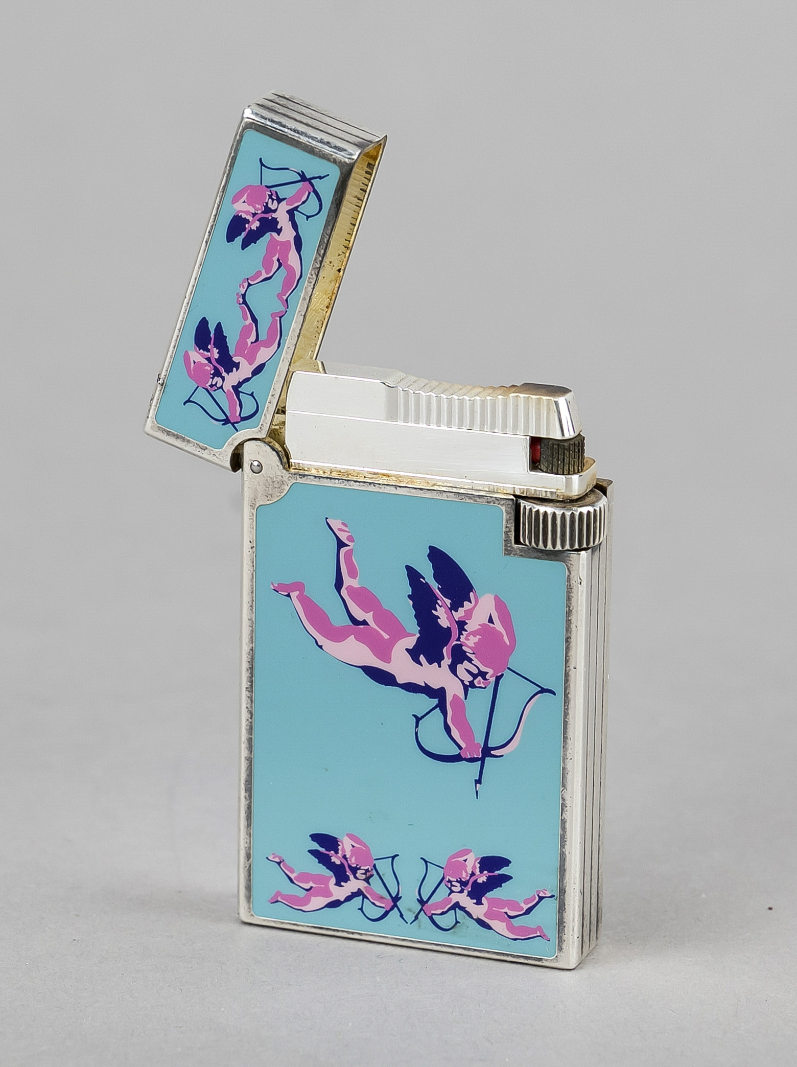 Dupont lighter, France (Paris), 2nd half 20th century Silver-plated metal case, enamel with putti,