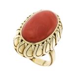 Coral ring GG 585/000 with a large coral cabochon 20 x 13 mm, RG 57, 12.4 g