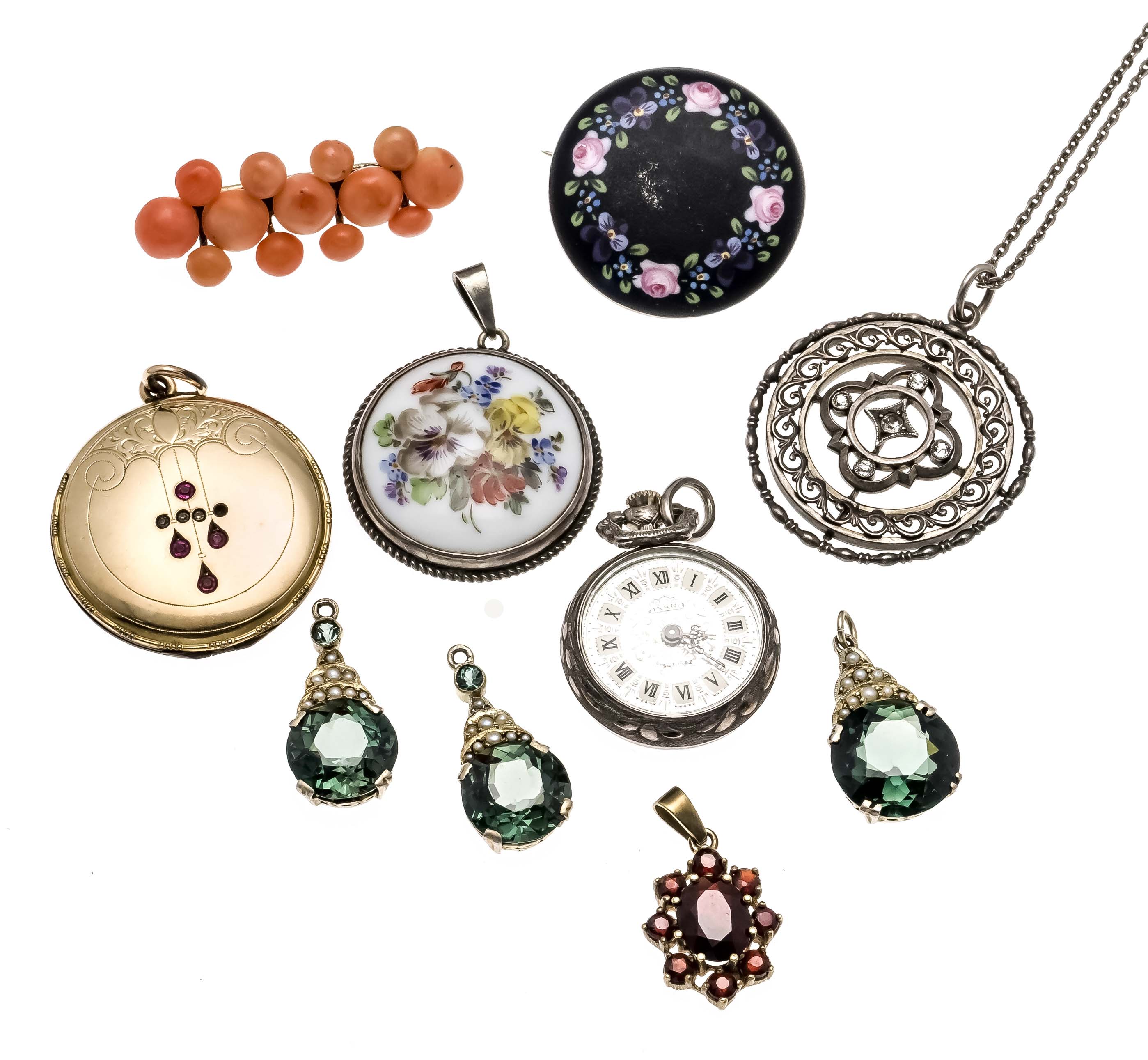 Mixed lot of 10 pieces of silver jewelry, silver-plated, double, with faceted garnet, orient pearls,