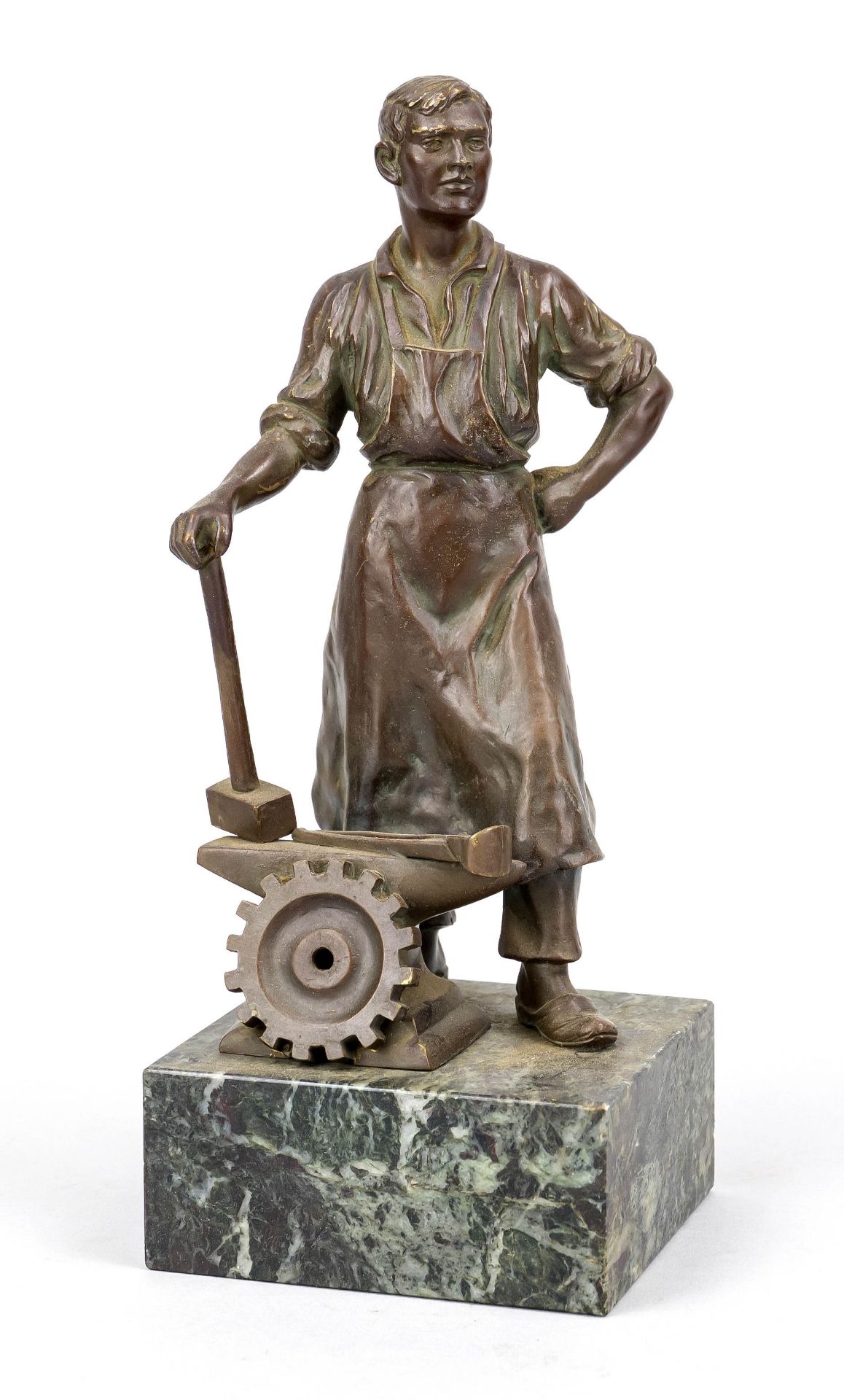 Anonymous sculptor 1st half 20th century, standing blacksmith, patinated bronze on marble base,