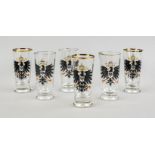 Six beakers, early 20th century, round base, conical body, clear glass with polychrome heraldic cold