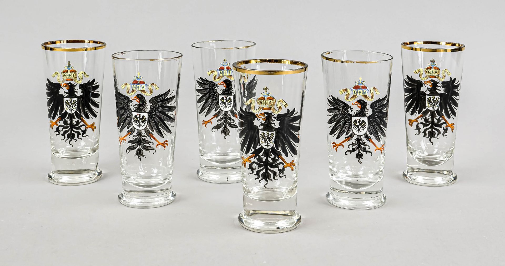 Six beakers, early 20th century, round base, conical body, clear glass with polychrome heraldic cold