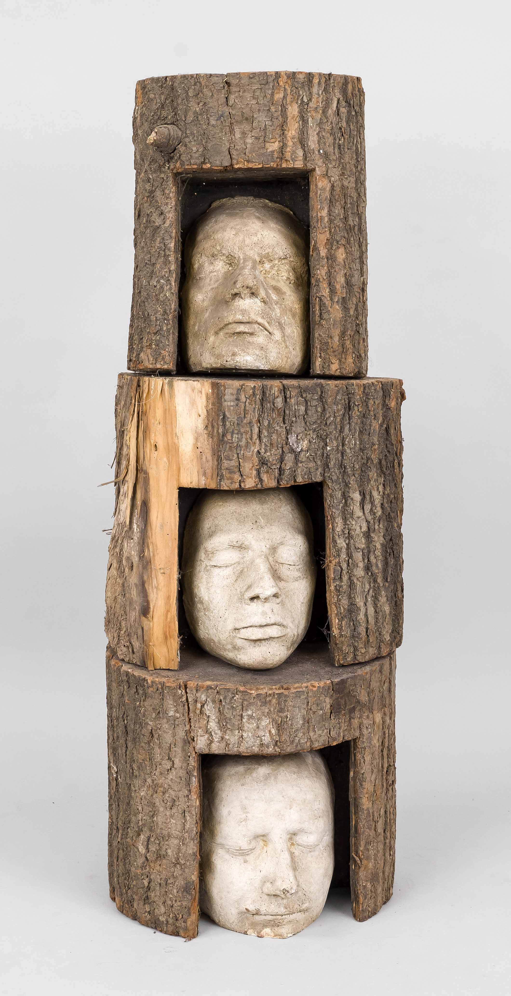 Herbert König (1956-2023), sculptor from Suhl, 3 tree heads, natural tree trunk segments with sawn-