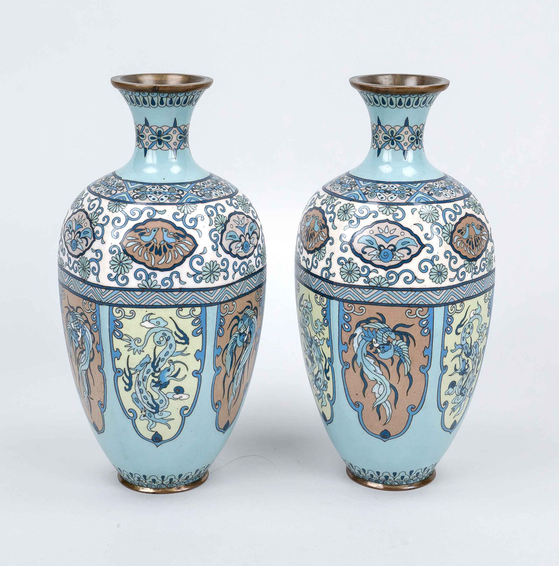 Pair of cloisonné vases, Japan c. 1900 (Meiji). Faceted body with retracted neck, rubbed and