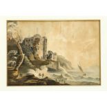 D. Dunlop, English landscape painter 1st half 19th century, Castle on a shore landscape in a storm