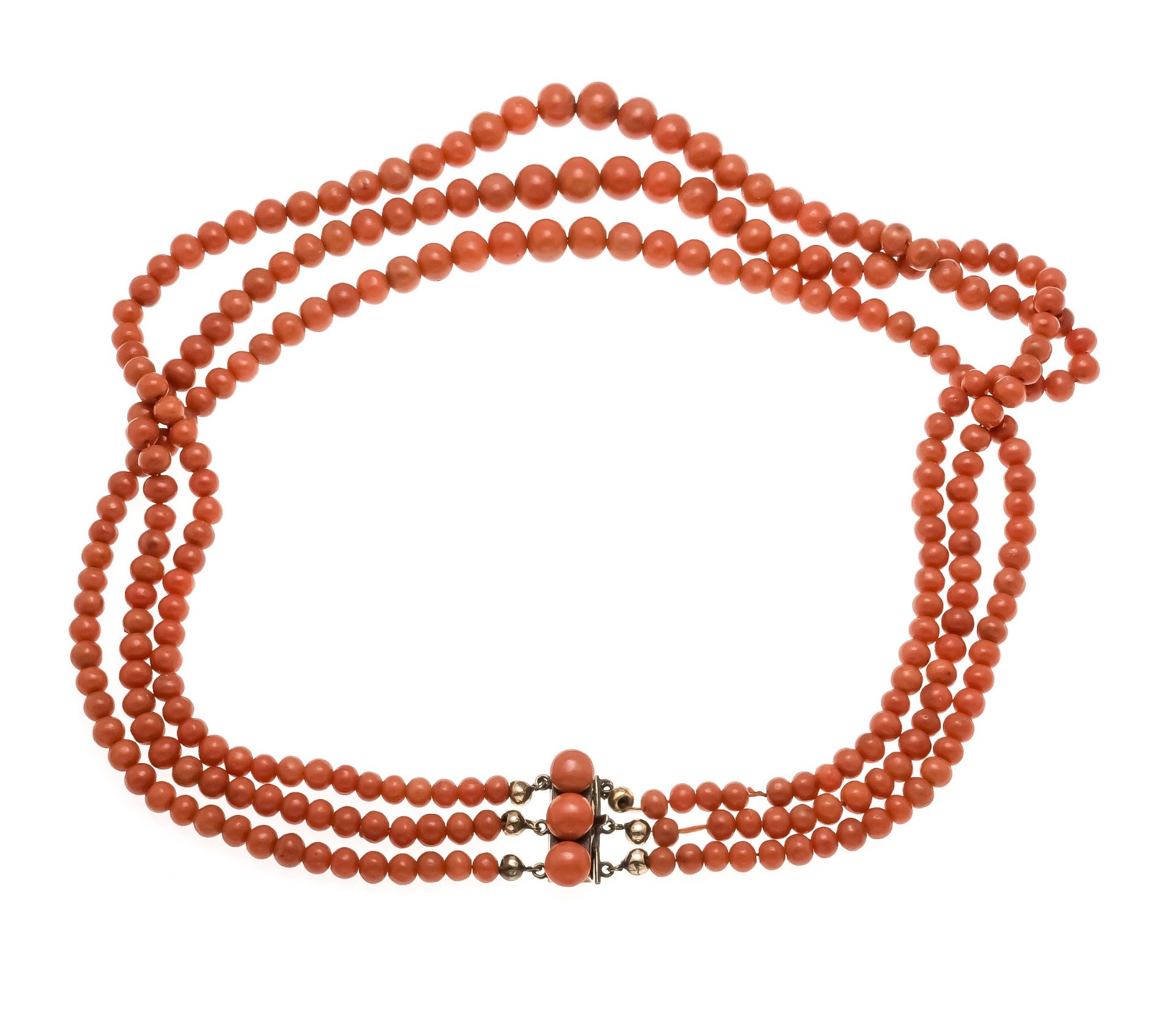 Gold-plated 3-row coral necklace with box clasp, set with 3 coral boutons 7 mm, strands of coral