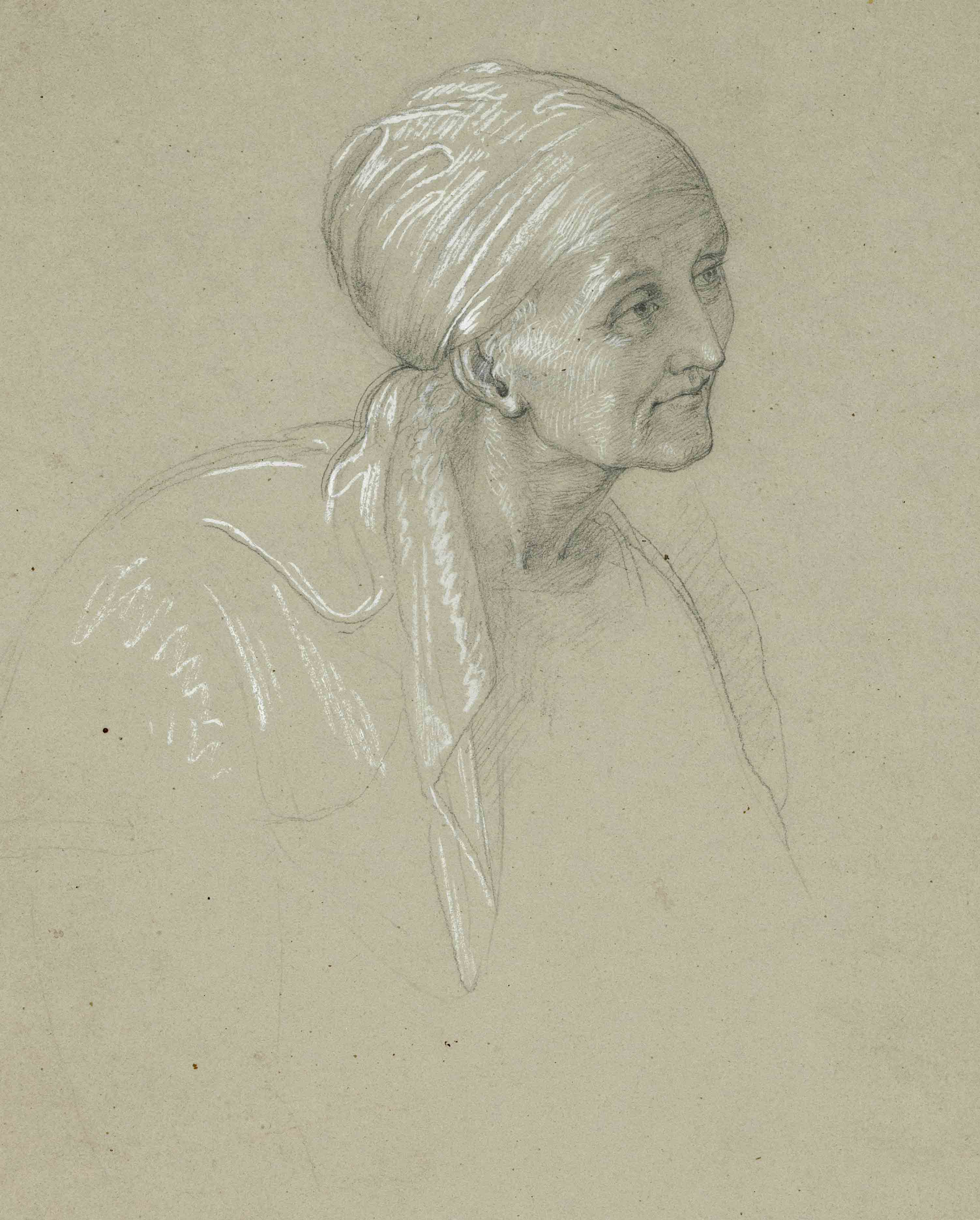 Eduard Daege (1805-1883) (attrib.), Study of the head of a woman with a headscarf, graphite,