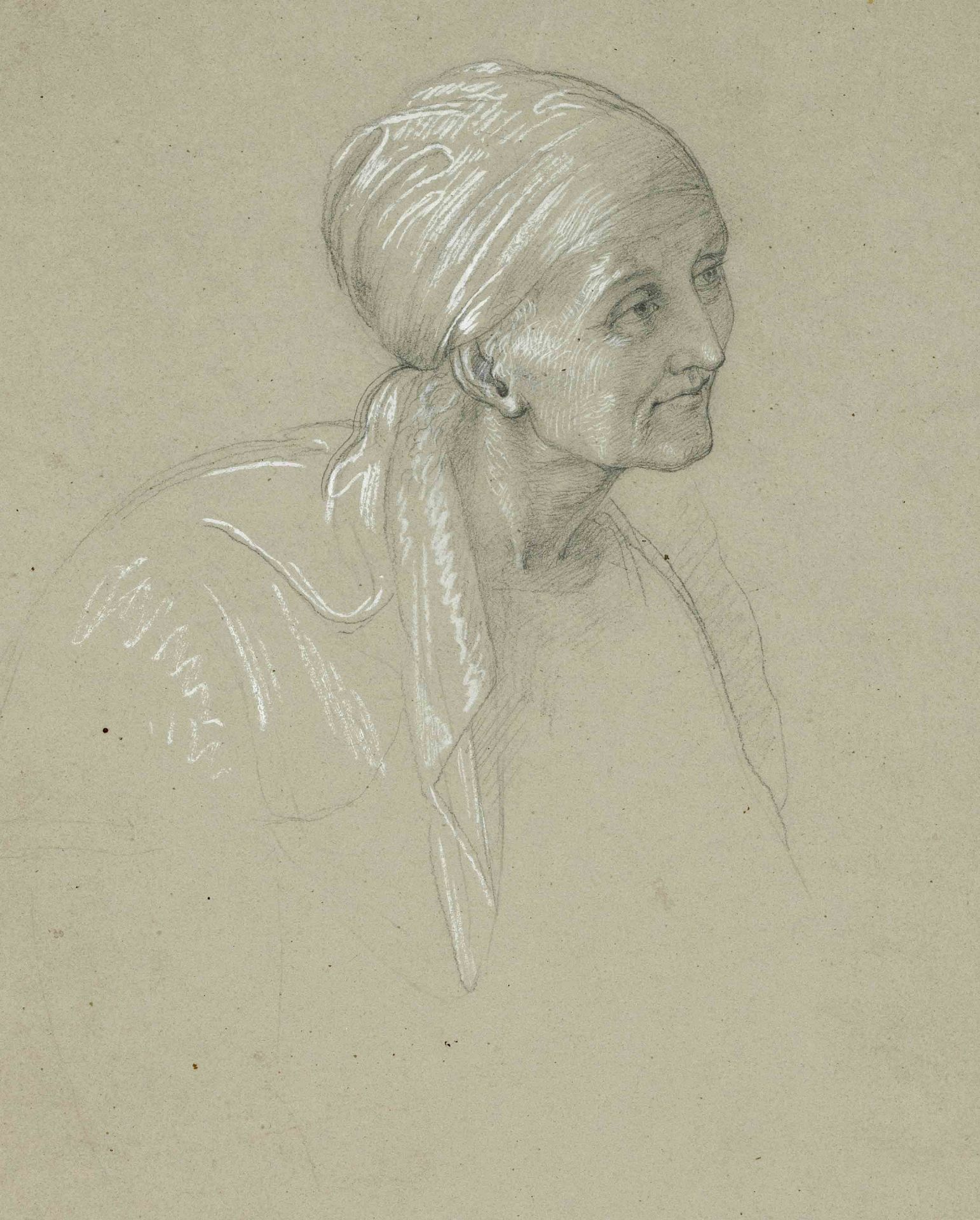 Eduard Daege (1805-1883) (attrib.), Study of the head of a woman with a headscarf, graphite,