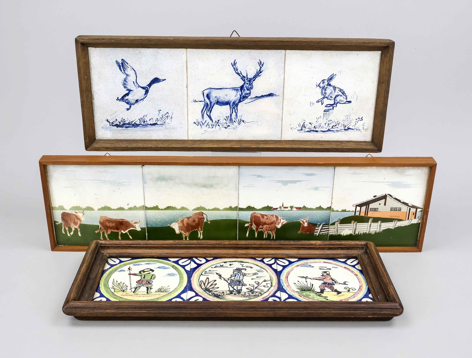 3 tile pictures, Holland 19th/20th century, 2 x 3 and 1 x 4 tiles with polychrome and cobalt blue