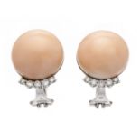 Angel skin coral diamond ear clips WG 750/000 with 2 fine round angel skin coral cabochons 15 mm