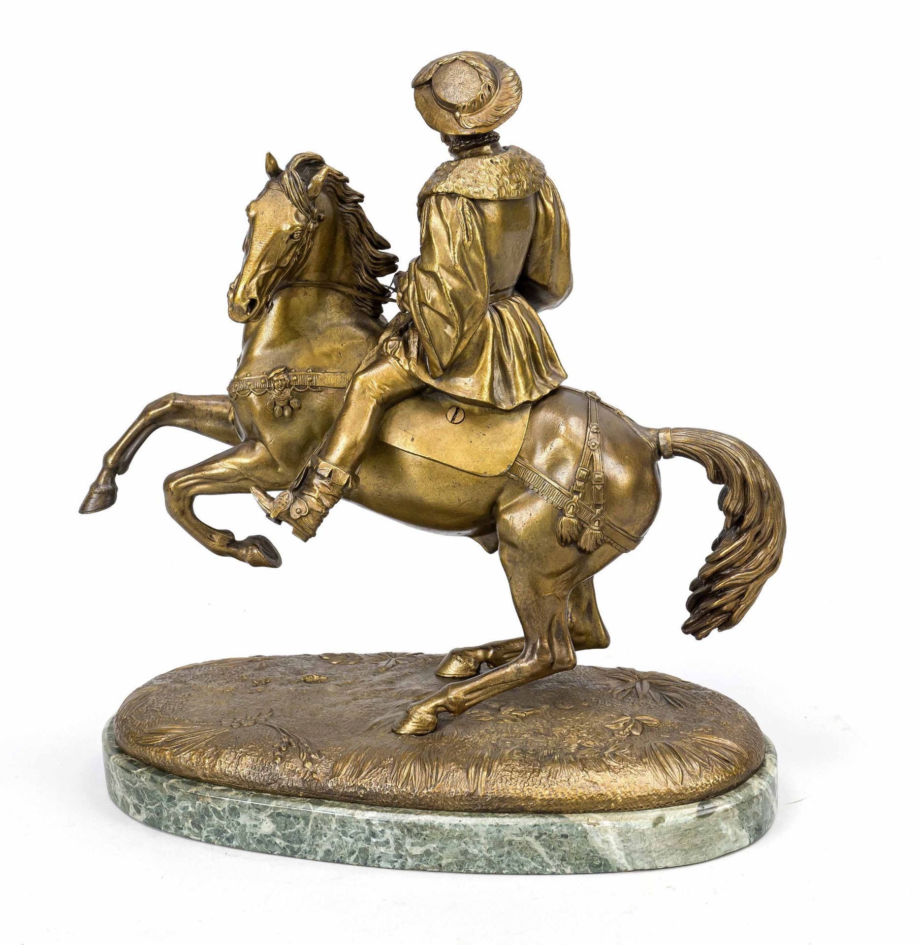 Henri Honoré Plé (1853-1922), nobleman (Henry VIII ?) on horseback, gold patinated bronze on - Image 2 of 2