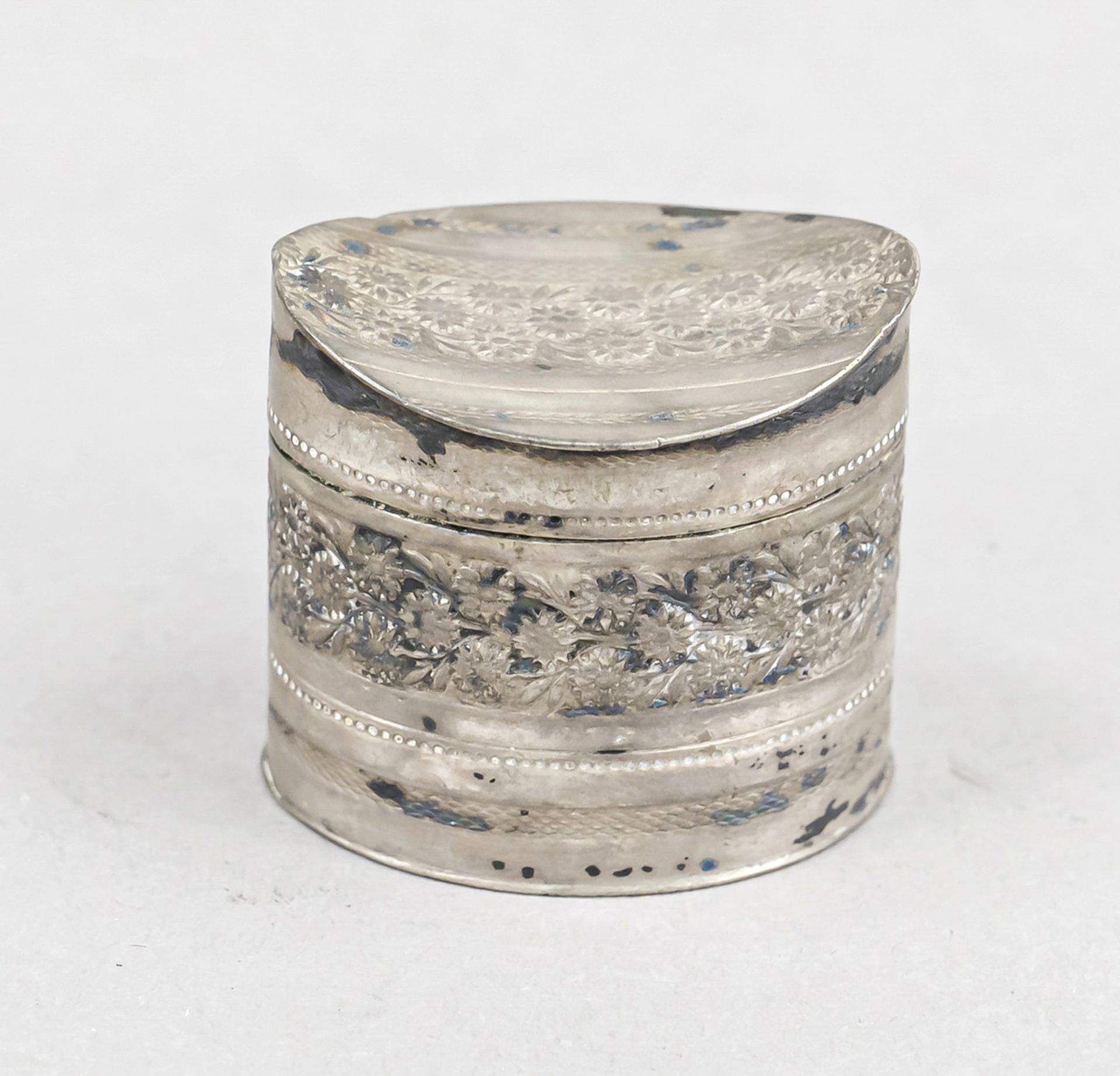 An oval smelling jar, probably 19th century, hallmarked silver, straight body, domed and hinged