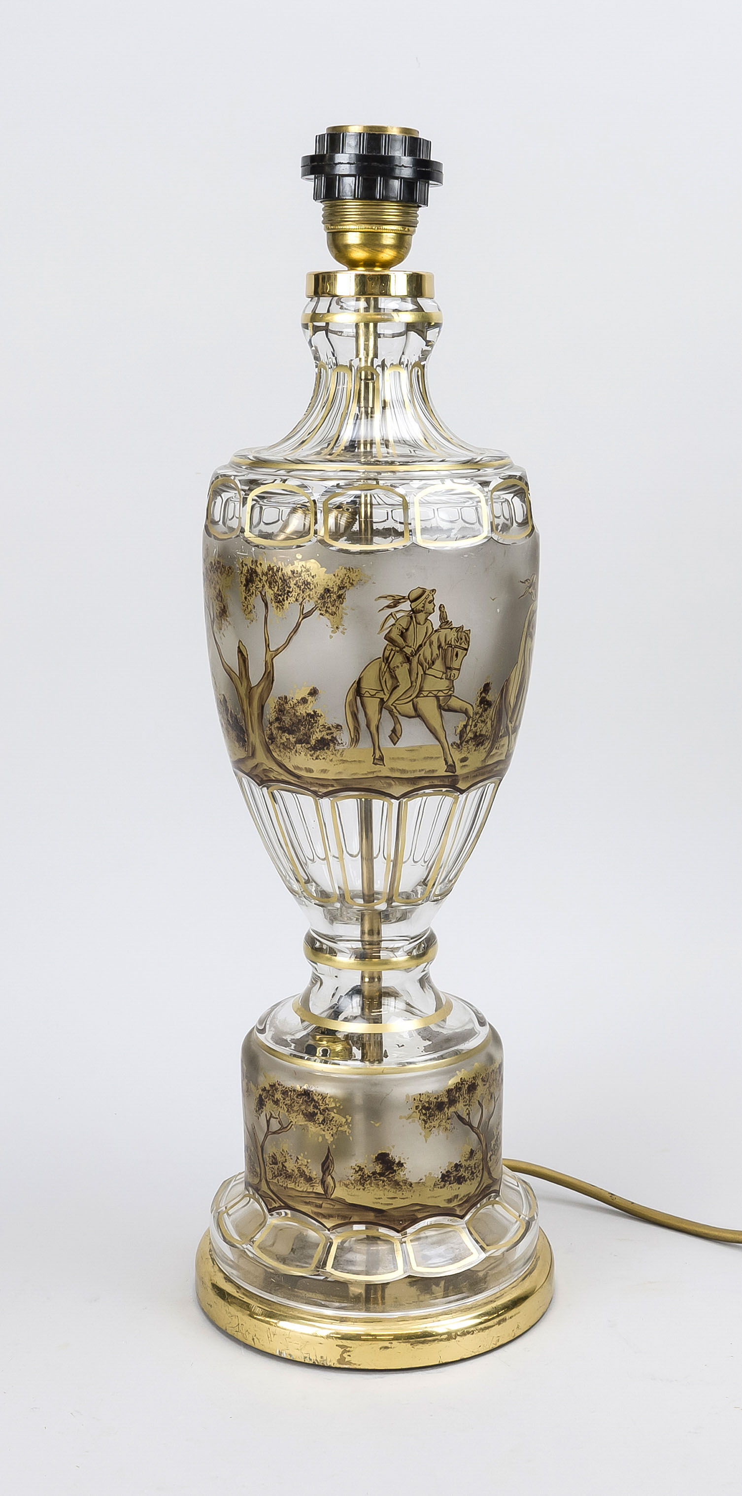 Lamp base as glass goblet, 20th century, painted and decorated with gold, rubbed, h. 50 cm