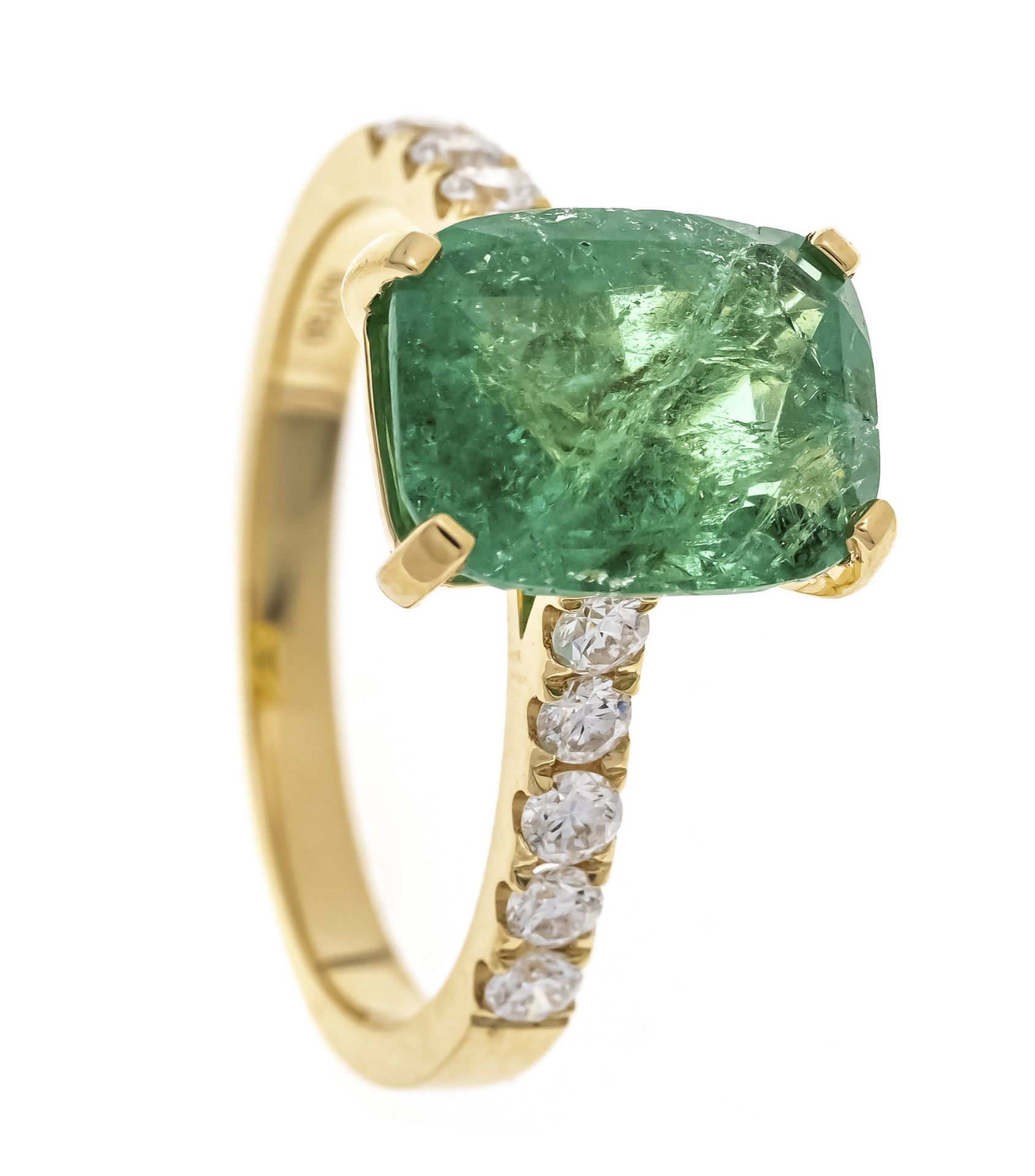 Emerald-brilliant ring GG 750/000 with an antique-cut faceted emerald 2.5 ct bright green,