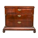 Late Biedermeier chest of drawers, 19th century, mahogany veneer, full columns with gilded metal