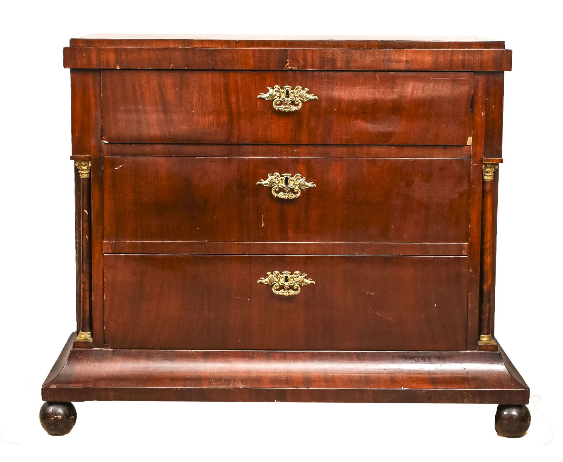 Late Biedermeier chest of drawers, 19th century, mahogany veneer, full columns with gilded metal