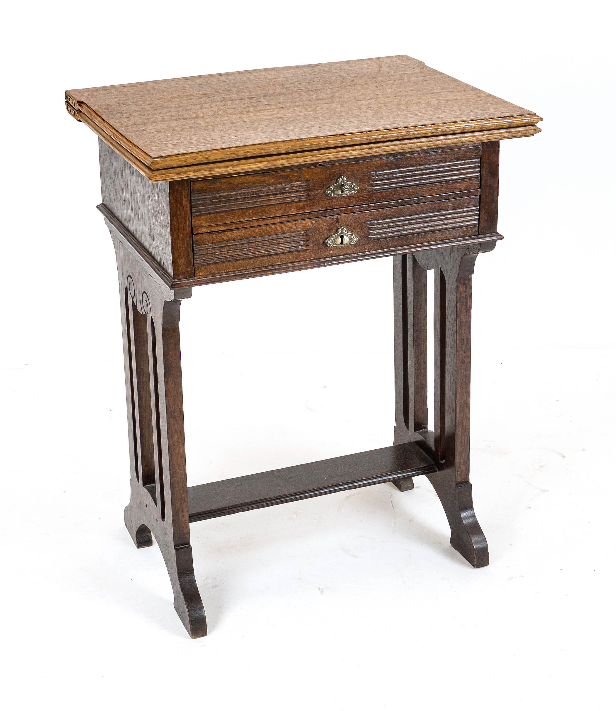 Handcrafted/game and chess table, circa 1910, oak, hinged top with chess and checkers marquetry, set - Image 2 of 2