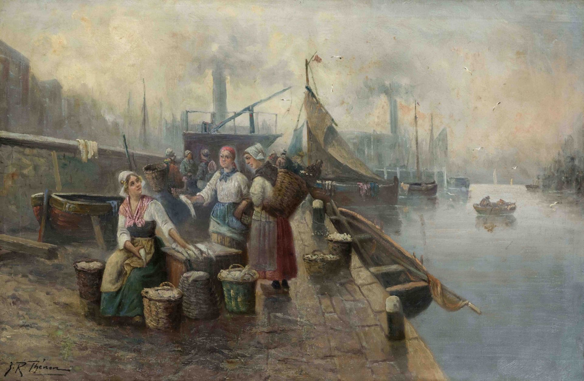 J.R. Thénon, Belgian painter c. 1900, Fish Market at the City Harbor, oil on canvas, signed lower