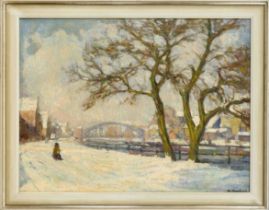 Hans Braue (1895-1943), wintry cityscape with a view of the river and bridge, probably Bremen, oil