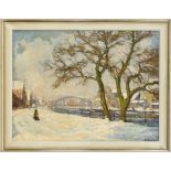 Hans Braue (1895-1943), wintry cityscape with a view of the river and bridge, probably Bremen, oil