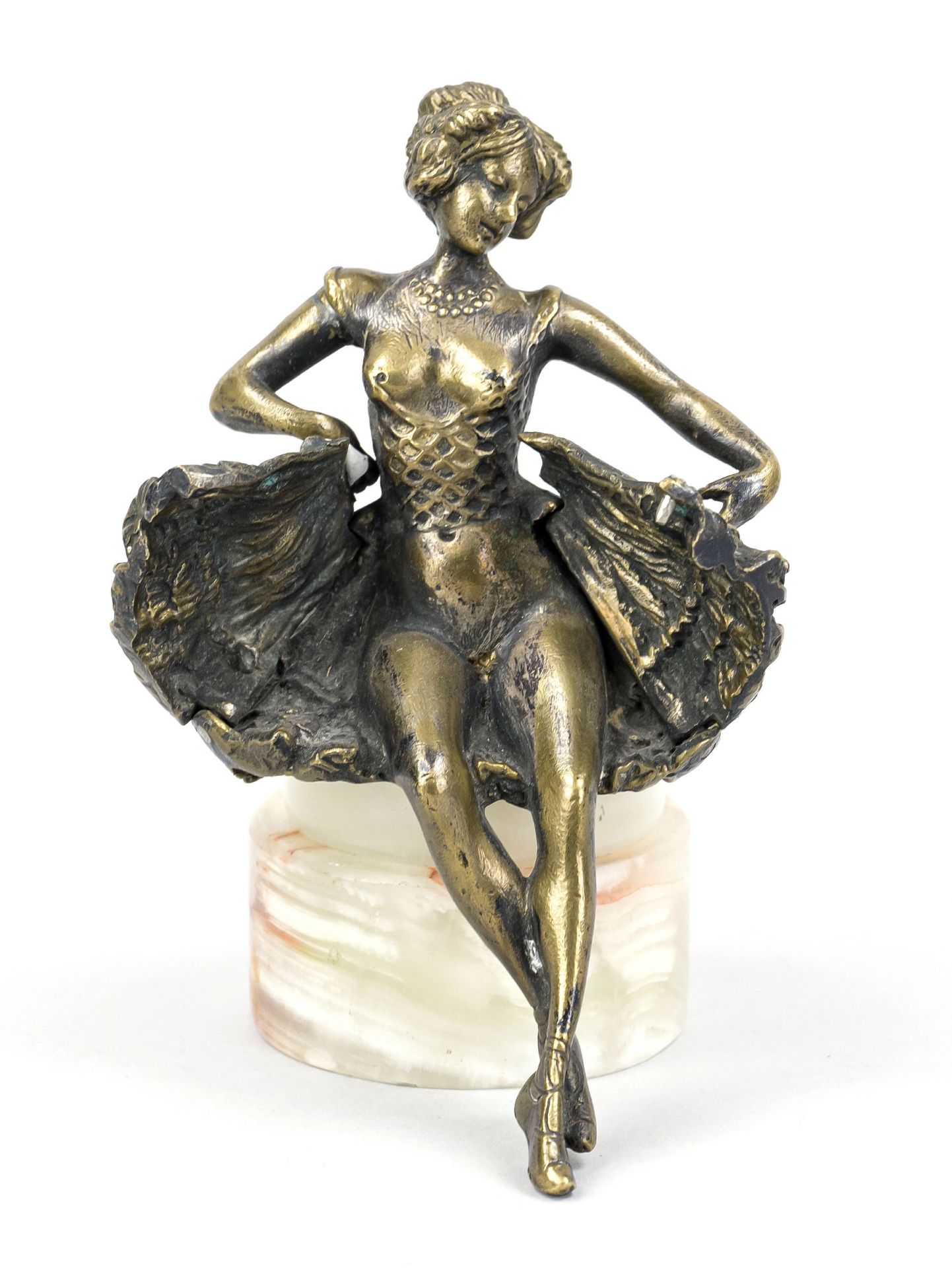 Bronze figure in the style of erotic Viennese bronzes, mid 20th century, seated woman with skirt