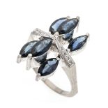 Sapphire-diamond ring WG 585/000 with 6 faceted sapphire navettes 8.6 x 4.1 mm dark blue,