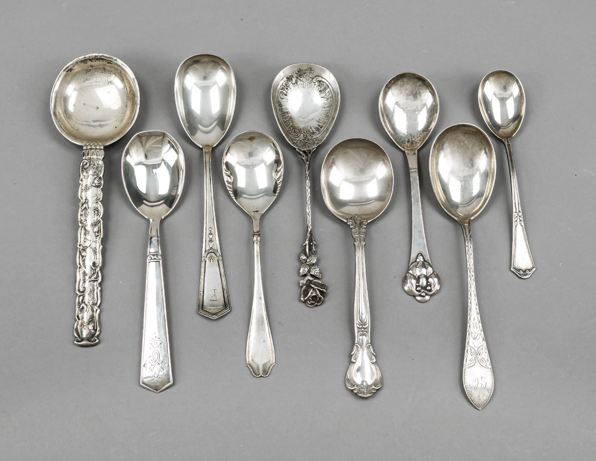 A collection of nine spoons, 19th/20th century, various makers, silver of different finenesses or