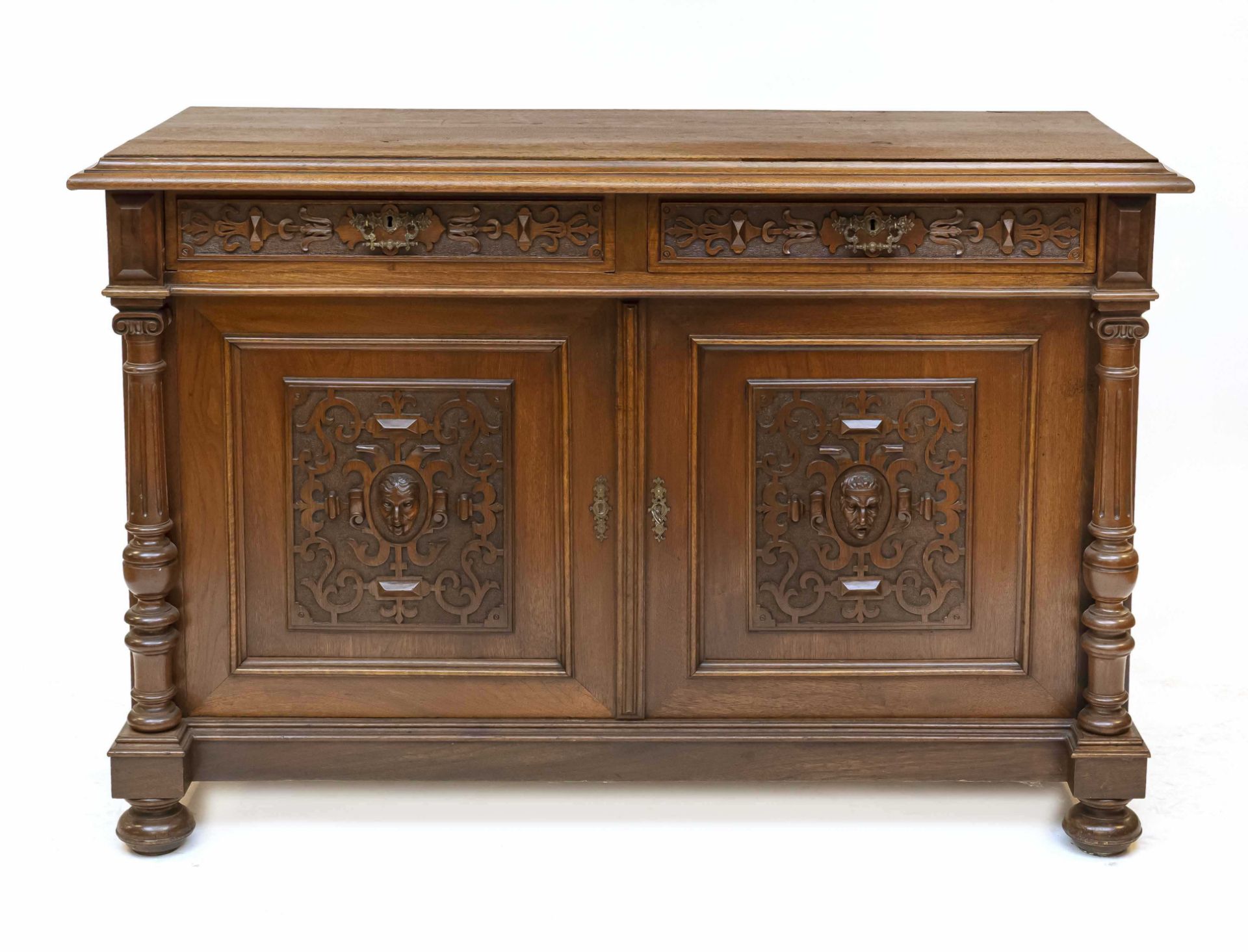 Sideboard/semi-cabinet, Wilhelminian style around 1880, walnut, 2-door body with 2 drawers, door