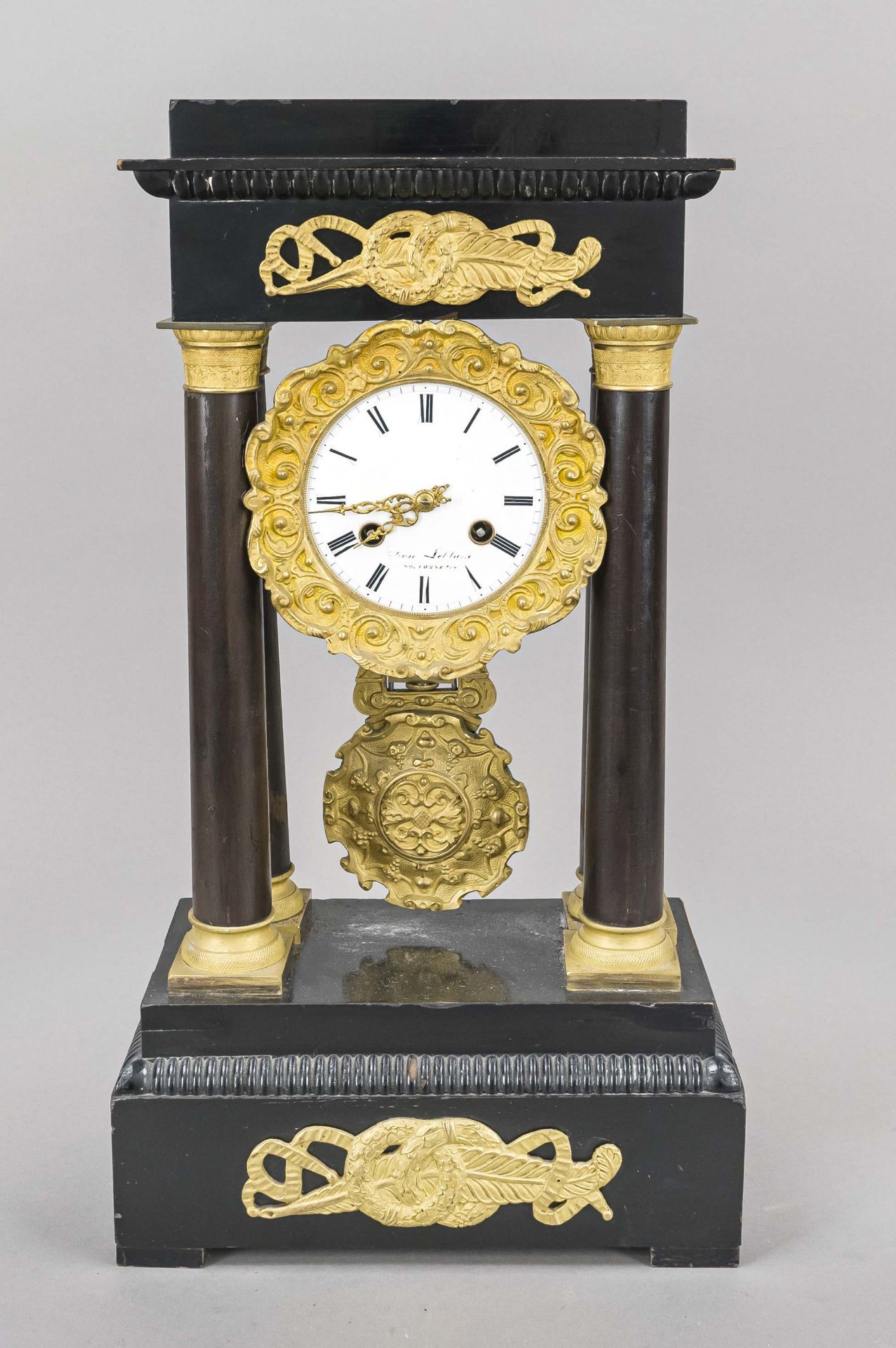 Portalu clock, 2nd half 19th century, ebonized wood, with gilded bases and capitals, gilded bronze