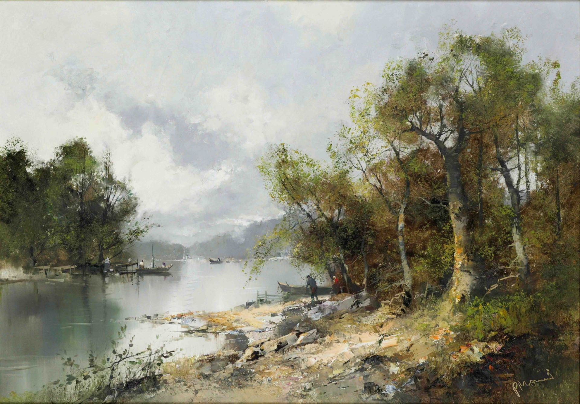 Paul Morro, i.e. Ingfried Henze (1925-2013), Munich painter, Autumn landscape with fishermen on