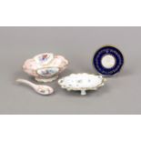 Three decorative pieces, France, 20th century, oval bowl with spoon, floral painting on pink ground,