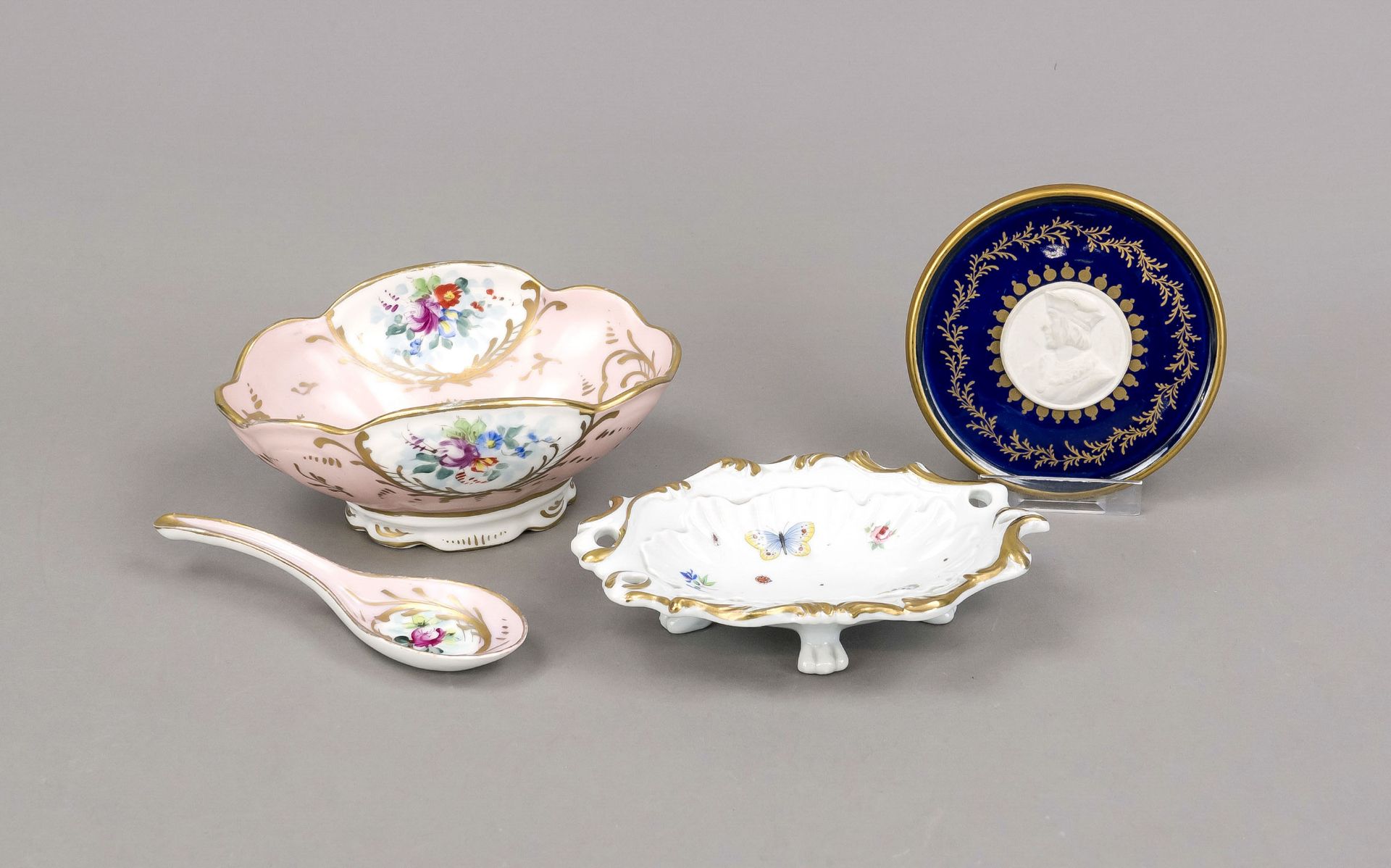 Three decorative pieces, France, 20th century, oval bowl with spoon, floral painting on pink ground,