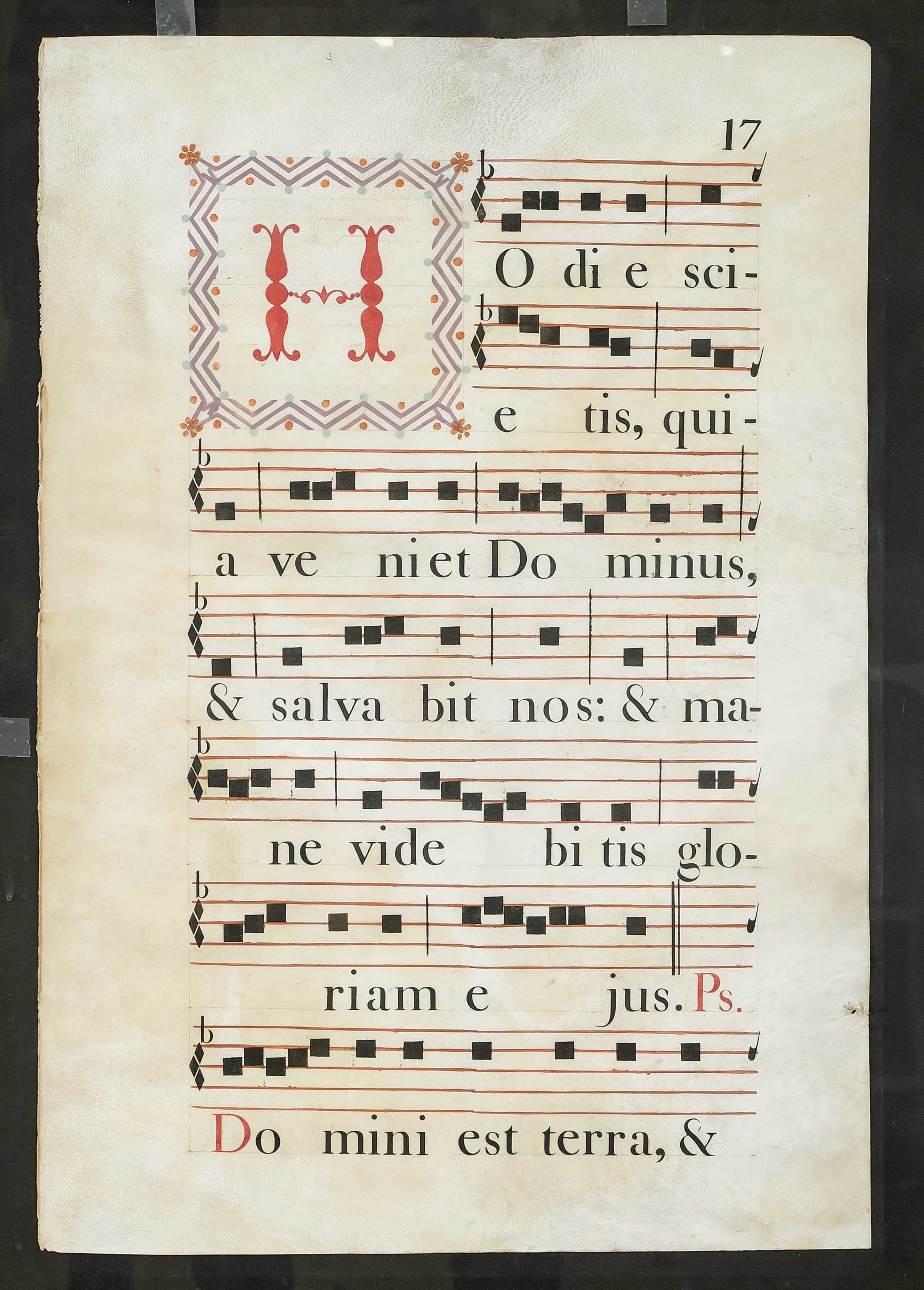 Two antiphonary leaves, probably 17th/18th century, parchment. Large colored initials, framed behind - Image 3 of 3