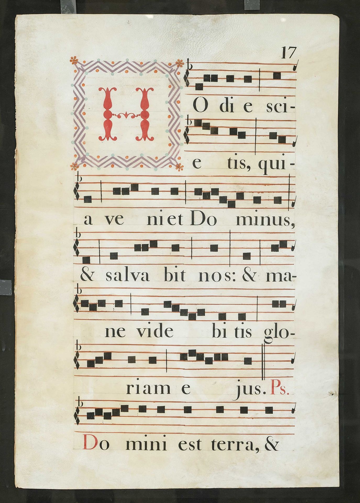 Two antiphonary leaves, probably 17th/18th century, parchment. Large colored initials, framed behind - Image 3 of 3