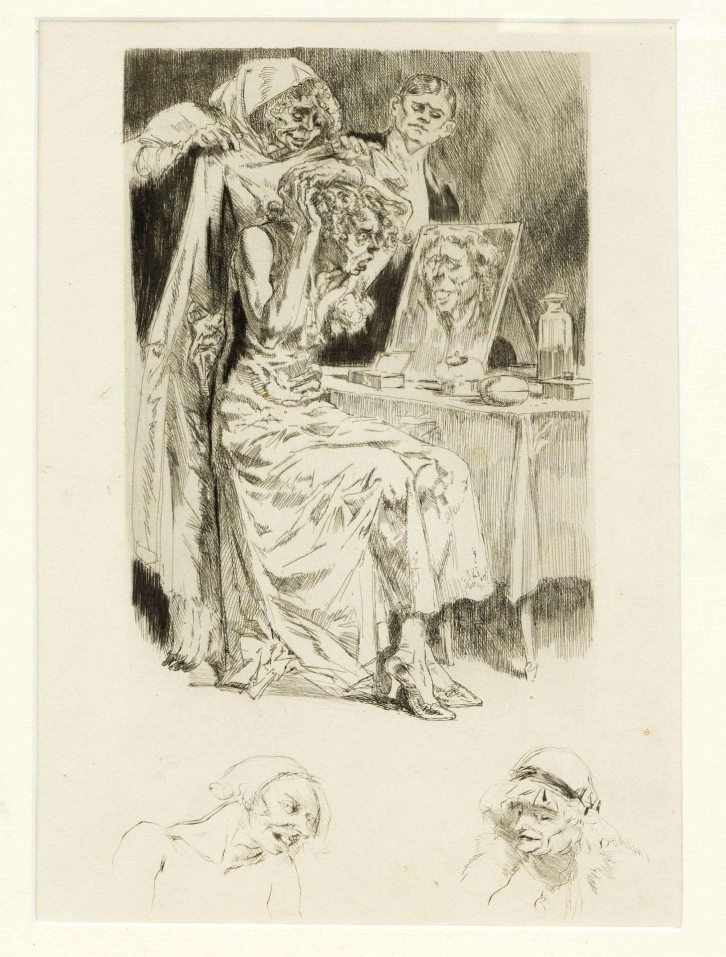 Alméry Lobel-Riche (1880-1950), Woman frightened when looking in the mirror, etching, unsigned,