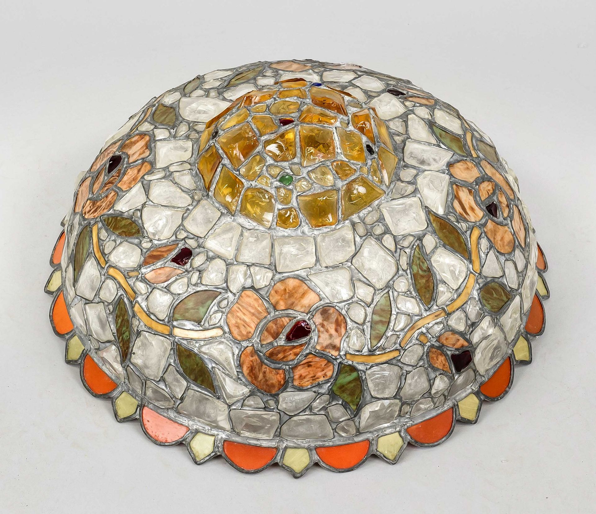Lampshade, probably early 20th century, polychrome lead glazing with flower tendril against a