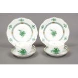 Two tea sets, 6-piece, Herend, mark after 1967, Ozier shape, Apponyi decor in green, gilt, 2 teacups